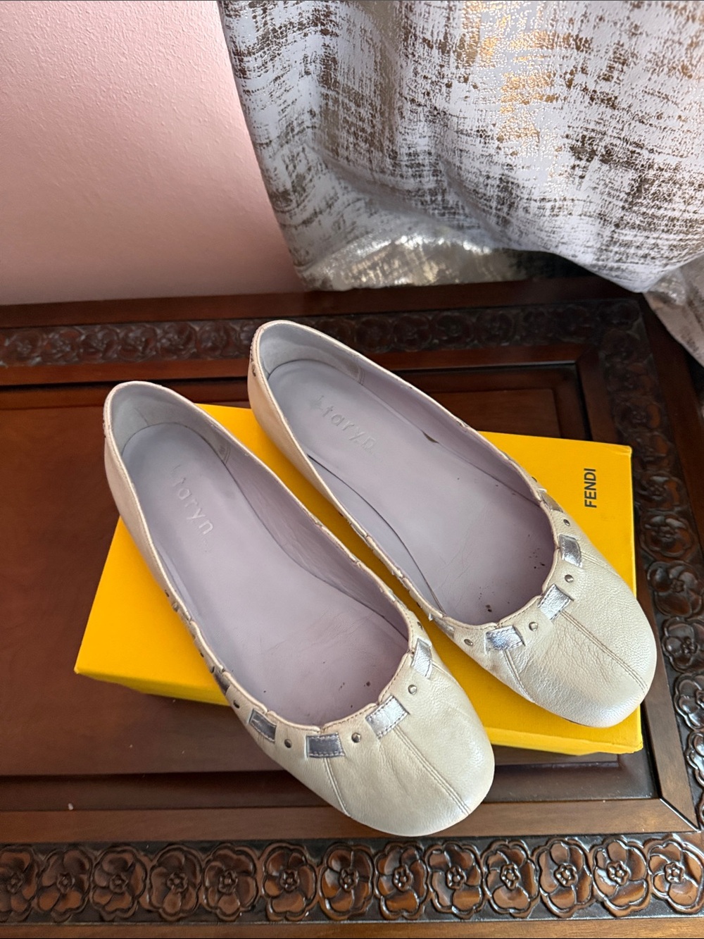 Taryn Ivory Leather Ballet Flats with Silver Accents